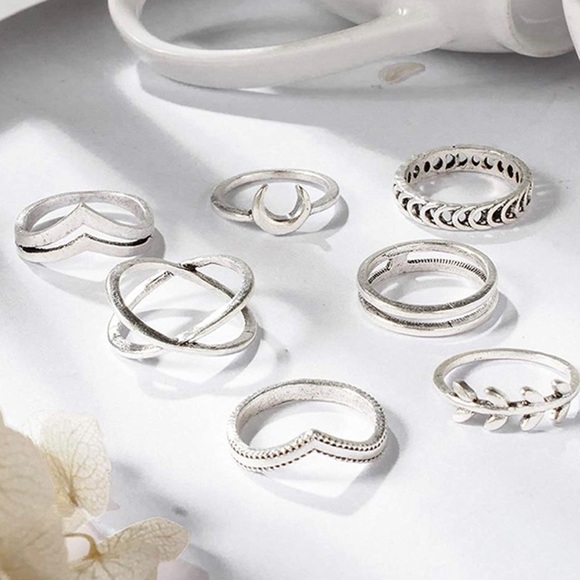 7 Pc Set Silver Bohemian Knuckle Midi Finger Stacking Rings ~ Retro Boho Bundle - Picture 2 of 8